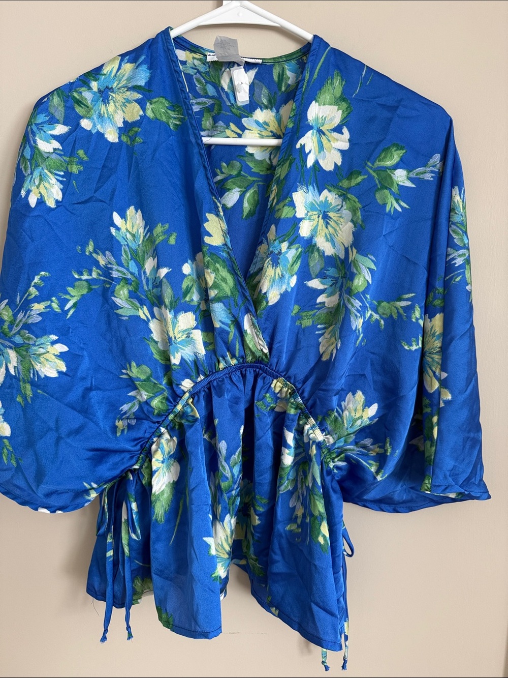 Blue Floral V-Neck Drawstring Peplum Blouse